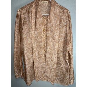 Vintage Country Suburbans Paisley Scarf Neck Blouse Tan Brown Long Sleeve Sz 18